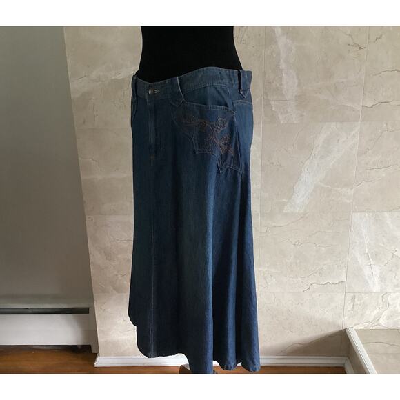 Ralph Lauren VTG Denim Midi Skirt, 10P Blue Embroidered Boho Cowgirl Y2K Western - Picture 7 of 10